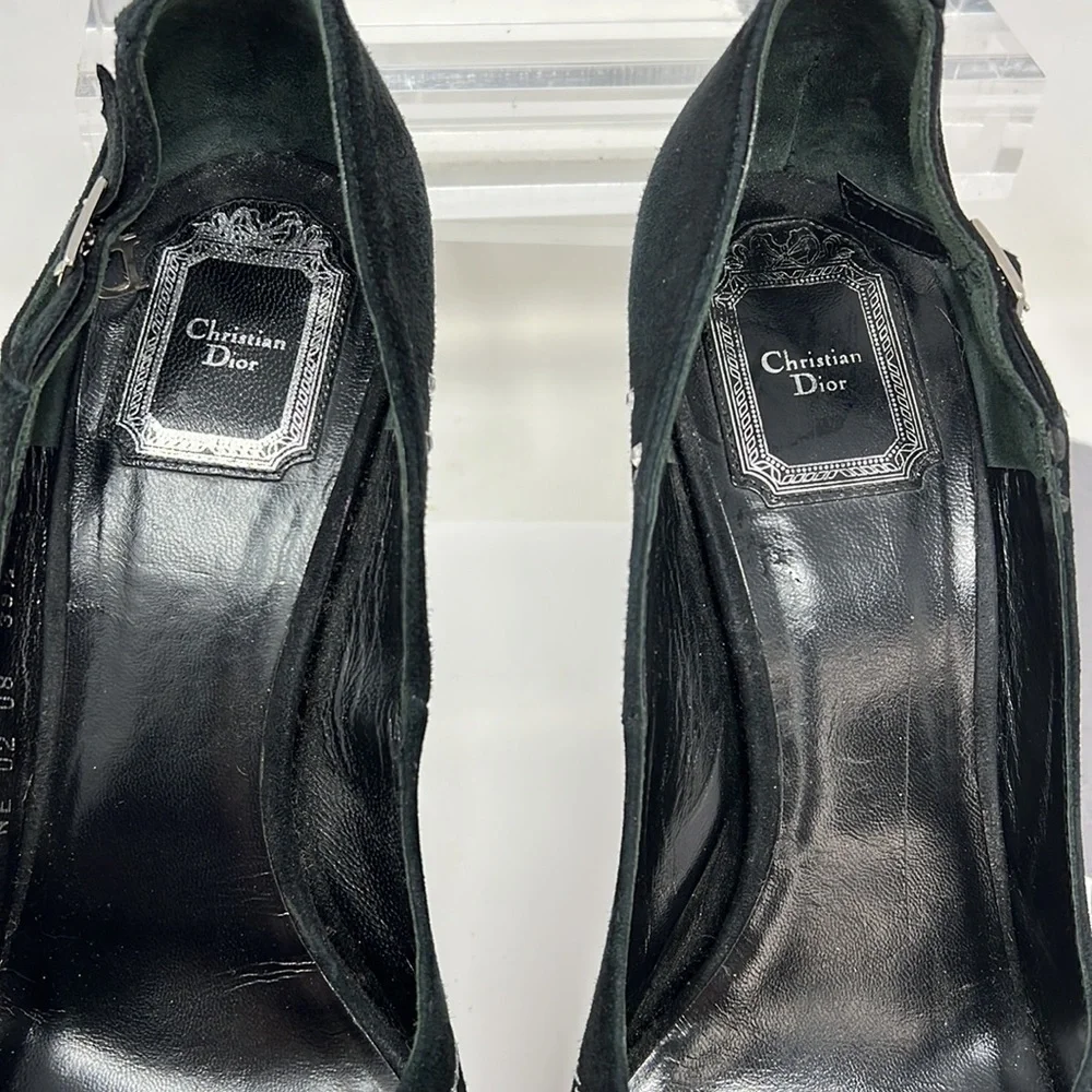 Dior Sz 39.5 Suede Embroidered Folles Peep Toe Pumps Heels